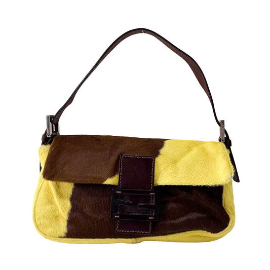 Baguette Green & Brown Cow Print Pony Hair Shoulder Bag