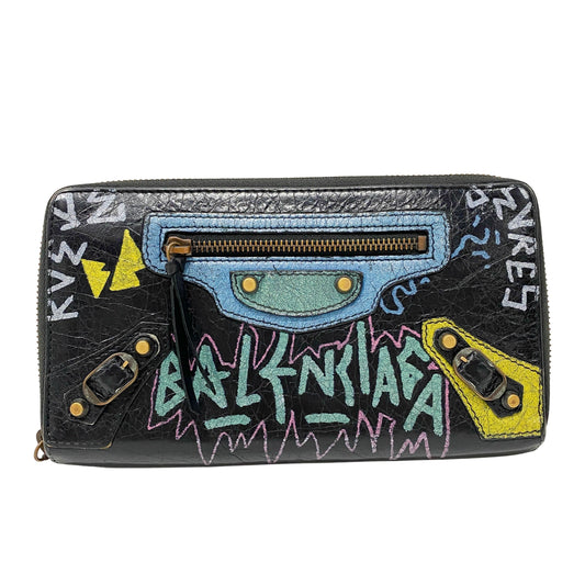 Graffiti Round Zipper Black Lambskin Leather Wallet
