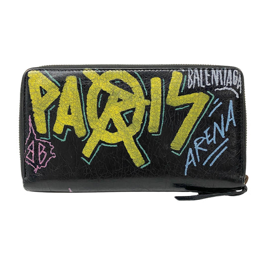 Graffiti Round Zipper Black Lambskin Leather Wallet