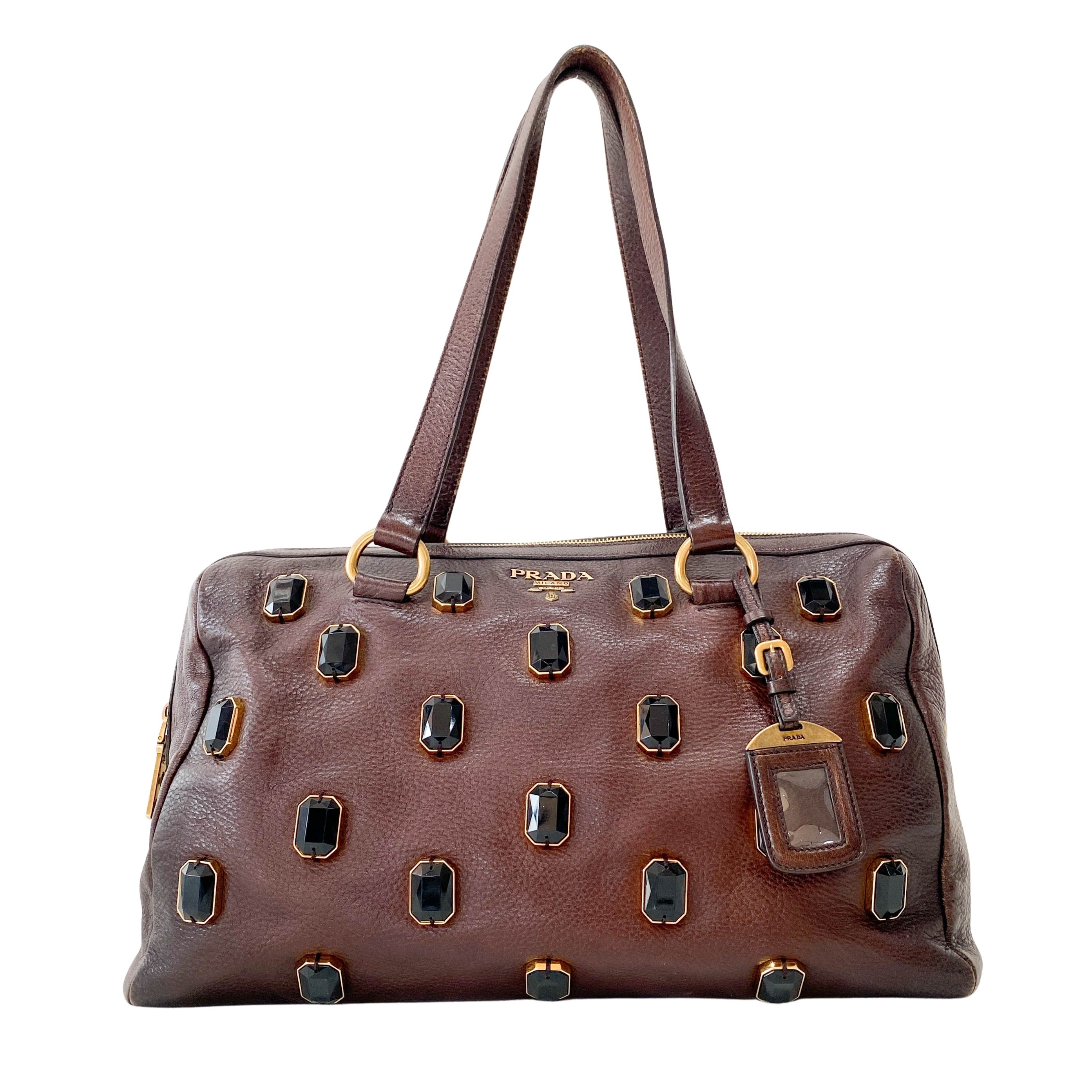 PRADA Tessuto Brown Leather Pietre Jeweled Tote Shoulder Bag