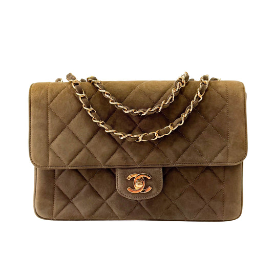 Timeless Classic Quilted Single Flap Suede Khaki Shoulder Bag Chain Gold Hardware