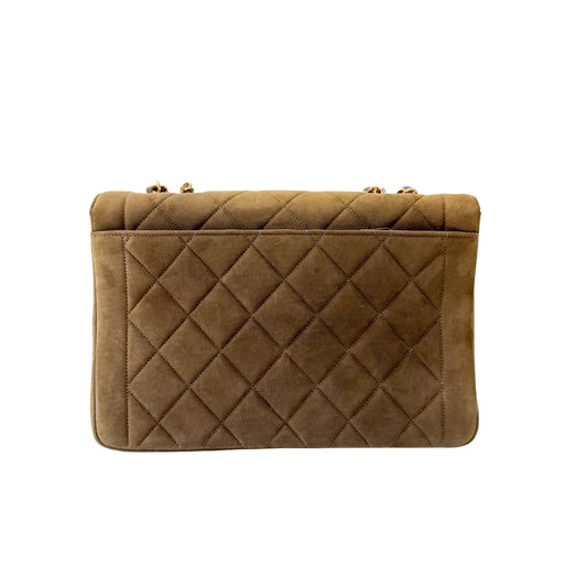 Timeless Classic Quilted Single Flap Suede Khaki Shoulder Bag Chain Gold Hardware