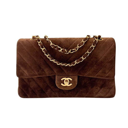 Chevron Double Flap Brown V Stitch Suede Double Chain Bag