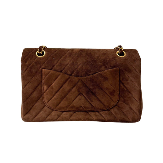 Chevron Double Flap Brown V Stitch Suede Double Chain Bag