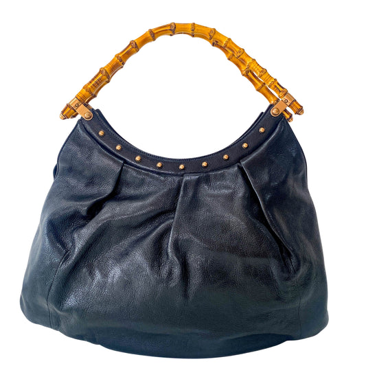 Bamboo Black Leather Hobo Studs Shoulder Bag