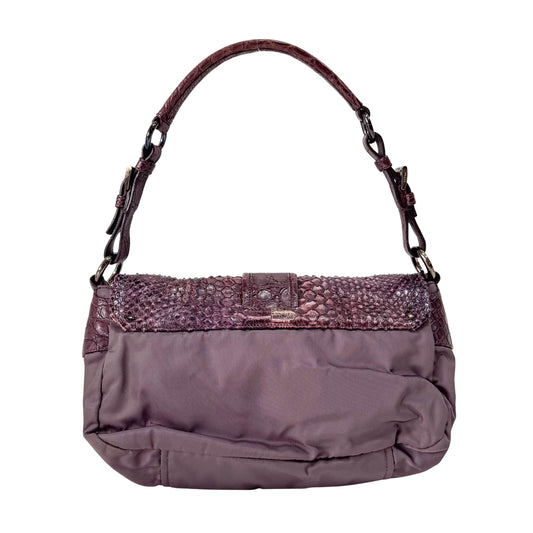 Burgundy Nylon & Embossed Python Leather Shoulder Bag