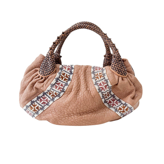 Spy Textured Leather Pink Beige Beaded Shoulder Bag
