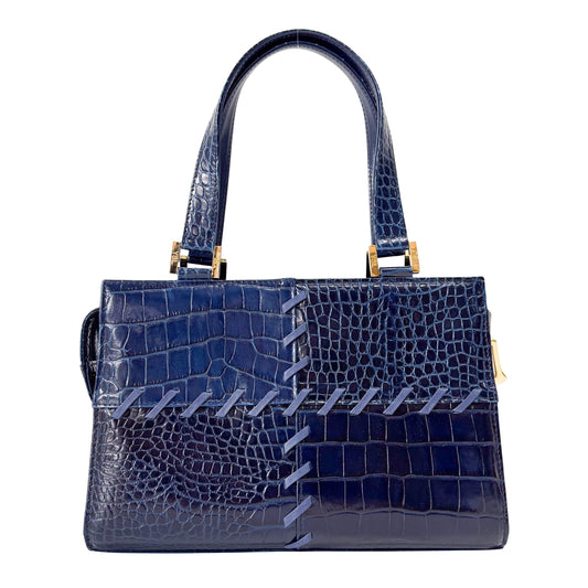 Patchwork Navy Lizard Embossed Leather Handbag