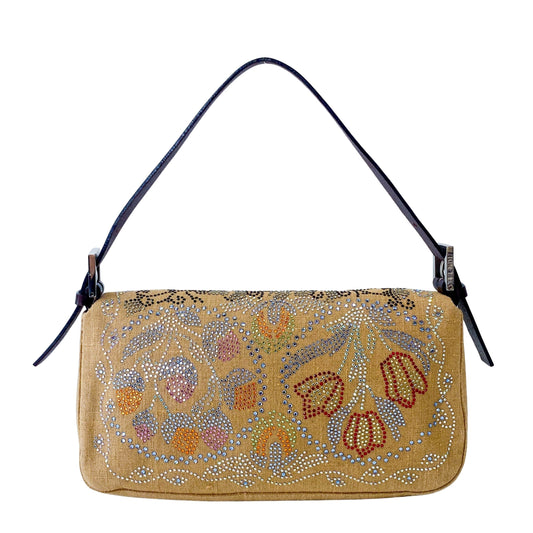 Multicolor Rhinestones in Beige Canvas Baguette Bag