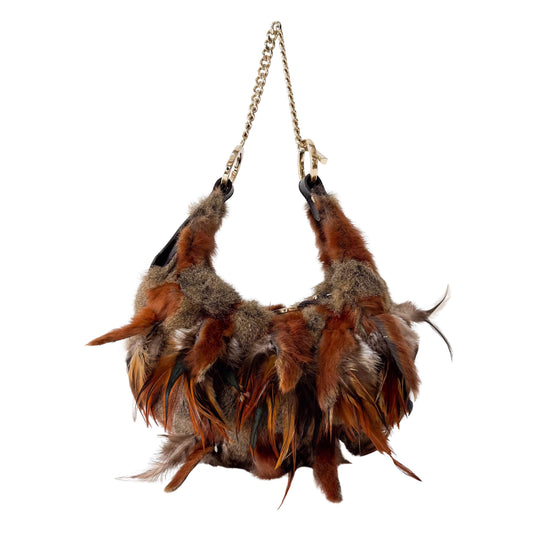 Feather/Fur Hobo Brown Gold Chain Bag
