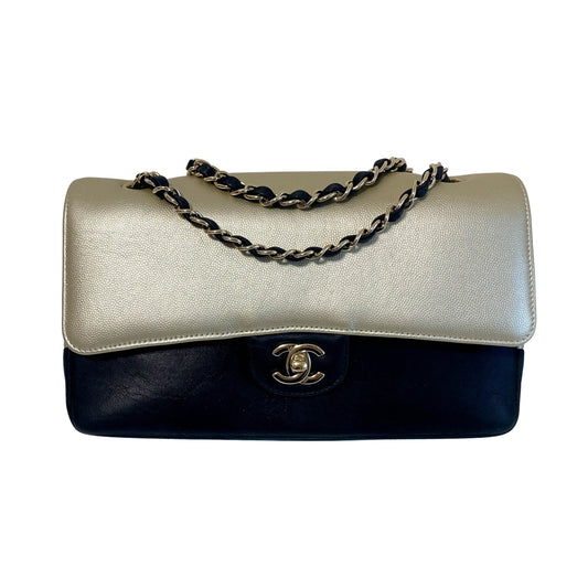 Timeless Classic Flap 25 Gold Calf and Black Leather Chain Shoulder Bag