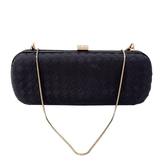 Black Satin Intrecciato Knot Long Clutch with Gold Chain