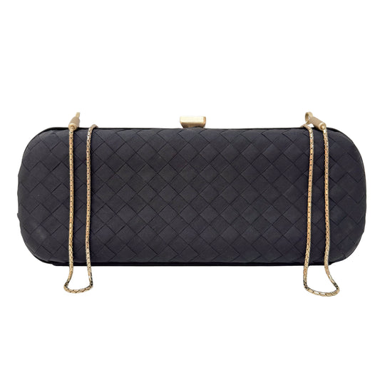 Black Satin Intrecciato Knot Long Clutch with Gold Chain