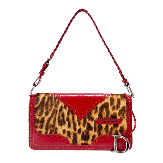 Leopard Print Pony Hair Red Laser Cut Details Bag