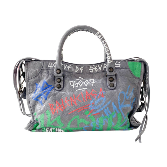 BALENCIAGA Balenciaga Gray Leather Graffiti Handbag, in , Sold by HIVE PRELOVED - Handle Bags, ,