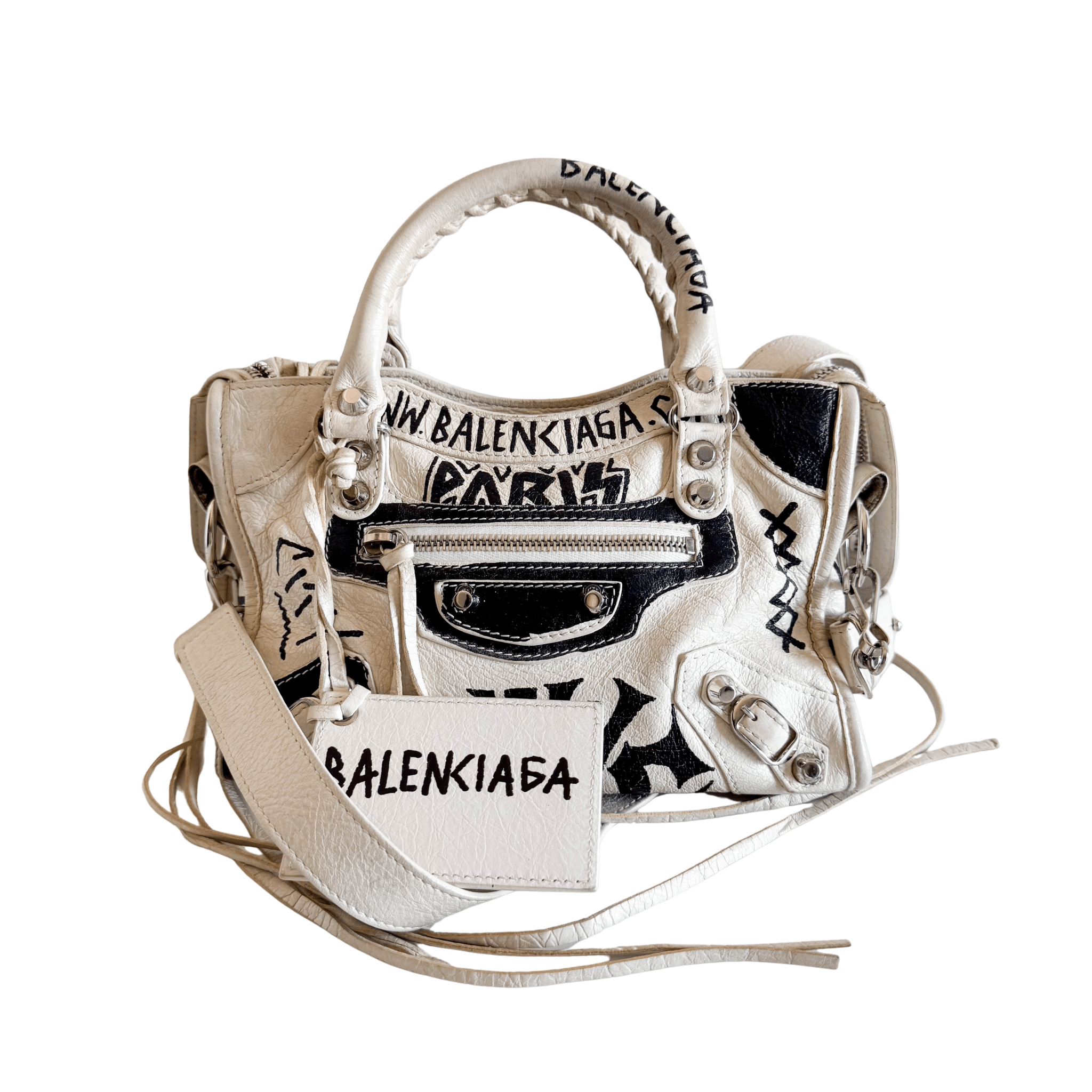 BALENCIAGA City Mini Black Graffiti White Leather Shoulder BALENCIAGA City Mini Black Graffiti White Leather Shoulder