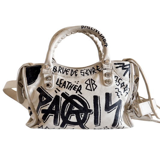 BALENCIAGA City Mini Black Graffiti White Leather Shoulder Bag, in , Sold by HIVE PRELOVED - Mini bags, Shoulder Bags,
