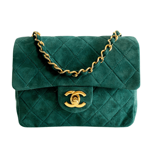CHANEL Green Quilted Suede Mini Square Classic Single Flap Gold Hardware, 1989 - 1991, in , Sold by HIVE PRELOVED - Crossbody bags, Mini bags,