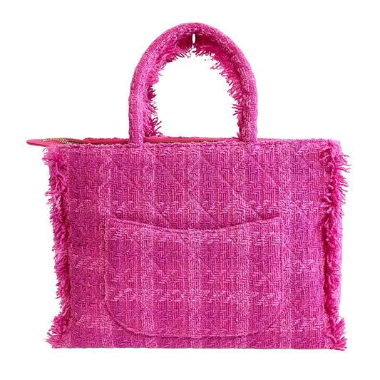 CHANEL Pink Wool Tweed Logo Fringe Zip Top Shopping Tote Handbag, in , Sold by HIVE PRELOVED - Totes, ,