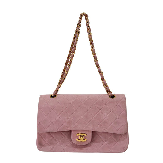 CHANEL Timeless Classic Double Flap Pink Suede Chain Shoulder Bag, in , Sold by HIVE PRELOVED - Shoulder Bags, ,