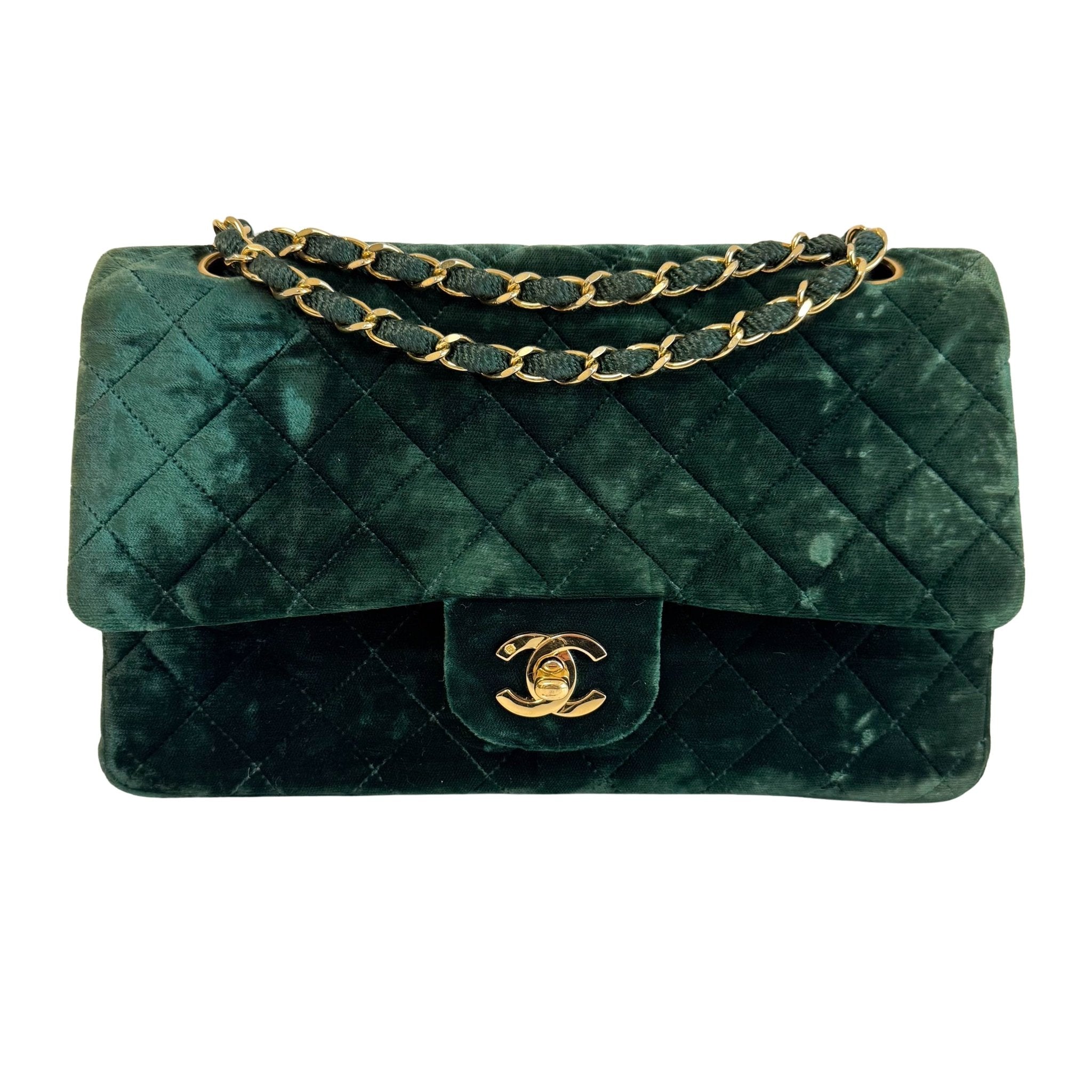 CHANEL Timeless Classic Flap 25 Green Velvet Chain Shoulder Bag
