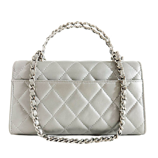 CHANEL Timeless Classic Top Handle Flap Silver Lambskin Mini Chain Wallet Shoulder Bag in Sold by HIVE PRELOVED