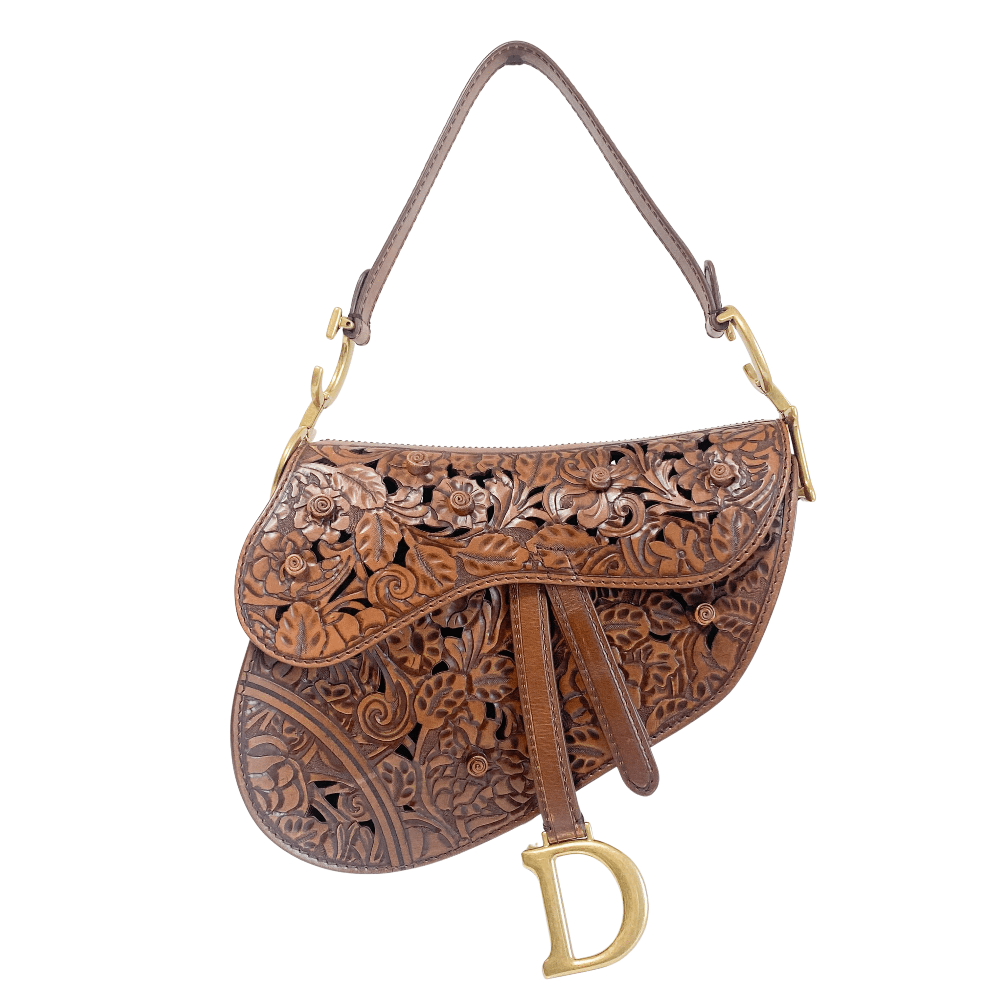 DIOR Laser Cut Floral Leather Saddle Bag Brown Shoulder Bag – HIVE