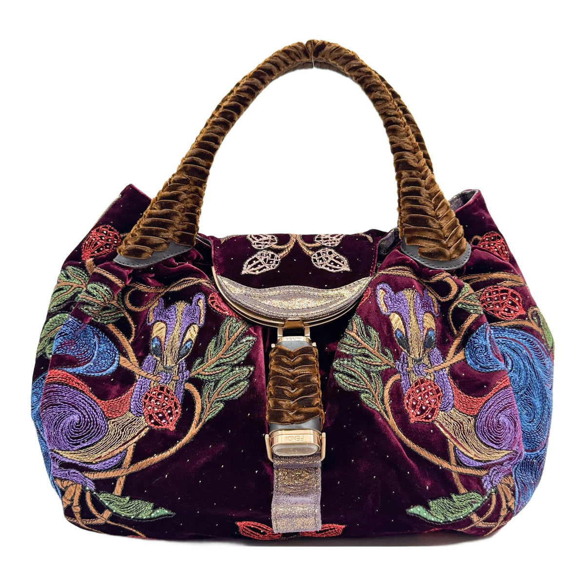 Spy Colorful Forest Embroidery Burgundy Velvet Shoulder Bag