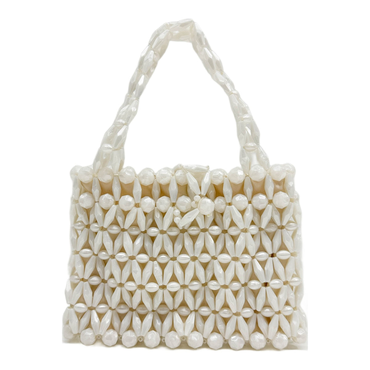 Pearly White Plastic Beads and Beige Satin Hand Bag