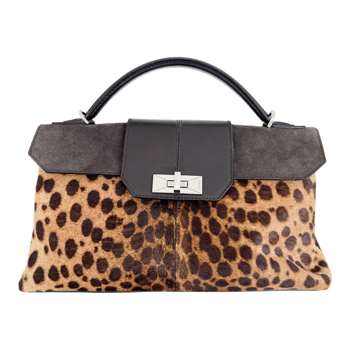 Classic Feminine Top Handle Brown Leopard Print Pony Hair Two Way Bag with Suede and Leather Trim