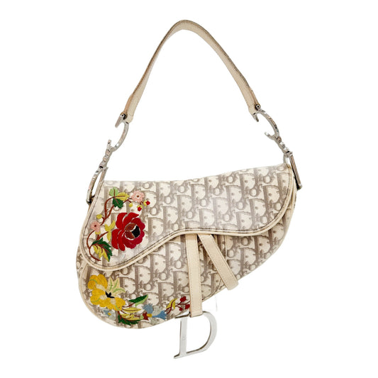 Saddle Floral Embroidery Off-White Trotter Canvas Shoulder Bag