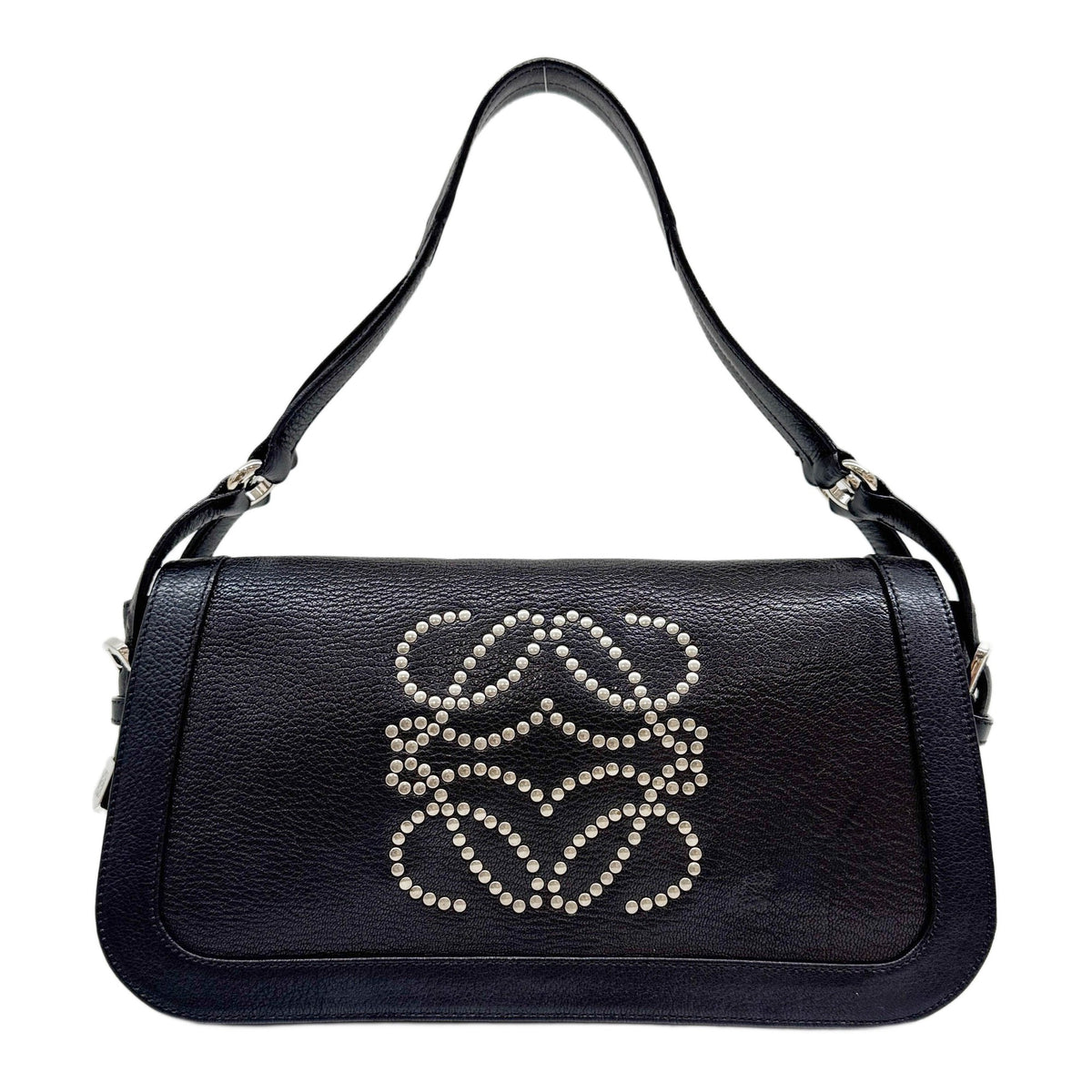 Anagram Studded Black Leather Shoulder Bag