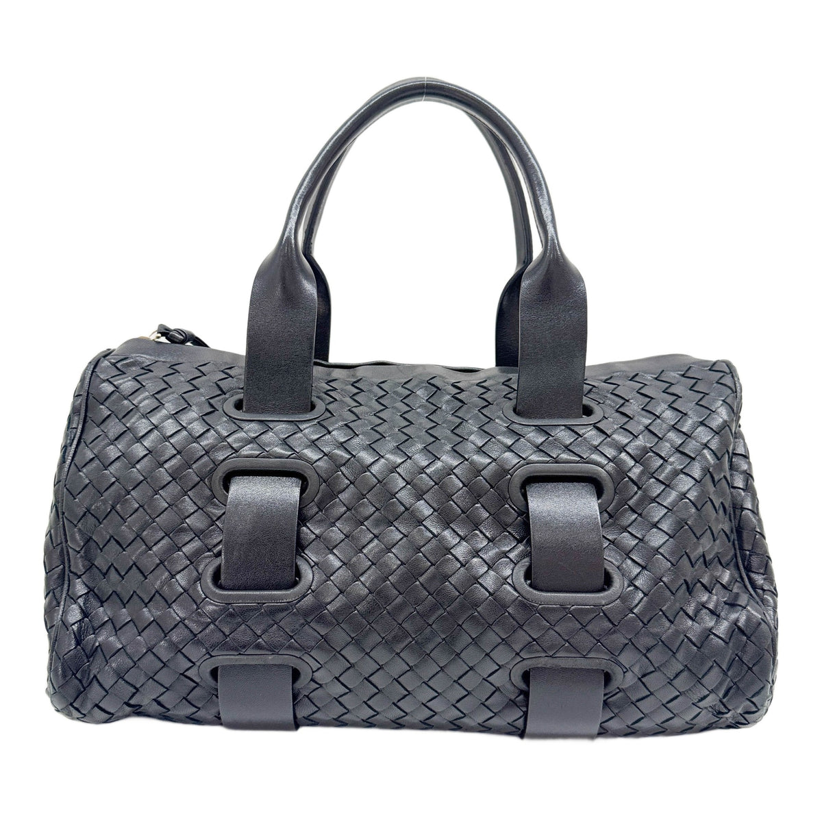 Accordion Intrecciato Black Leather Handle Bag