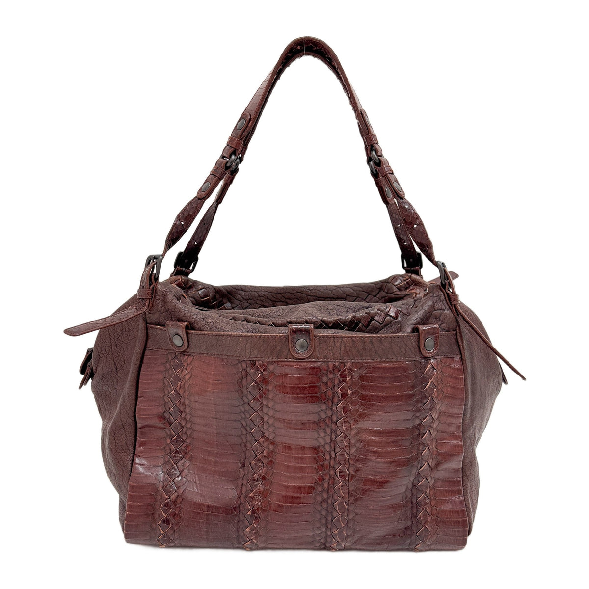 Resina Brown Lambskin and Cobra Embossed Leather Shoulder Bag