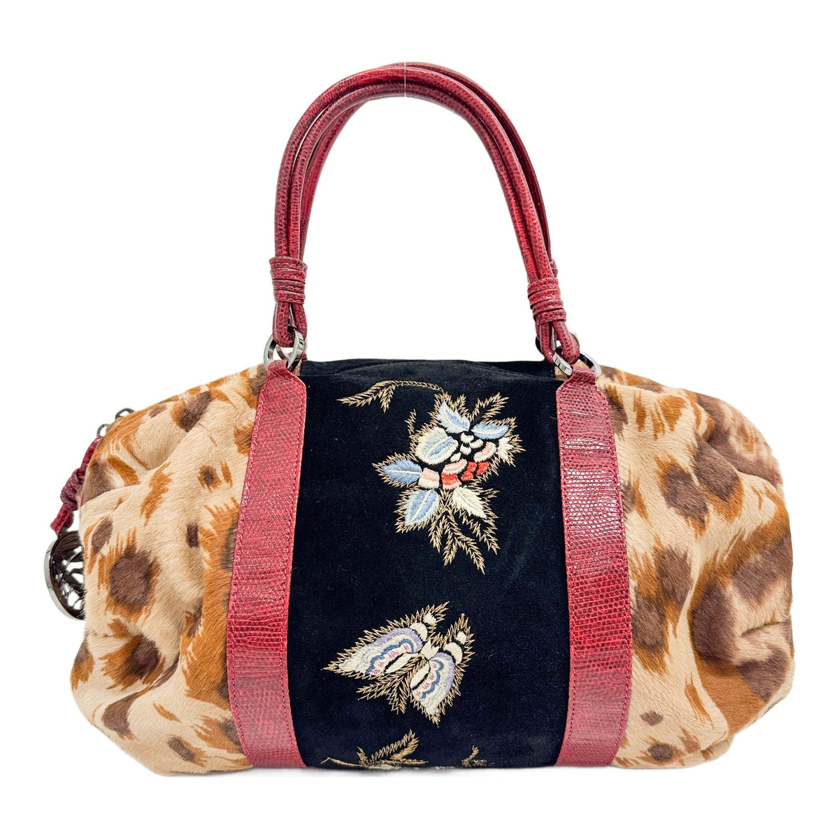 Boston Brown Animal Print Pony Hair with Black Suede and Red Lizard Trim Hand Bag