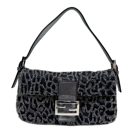 Baguette Grey Beaded Black Satin Shoulder Bag