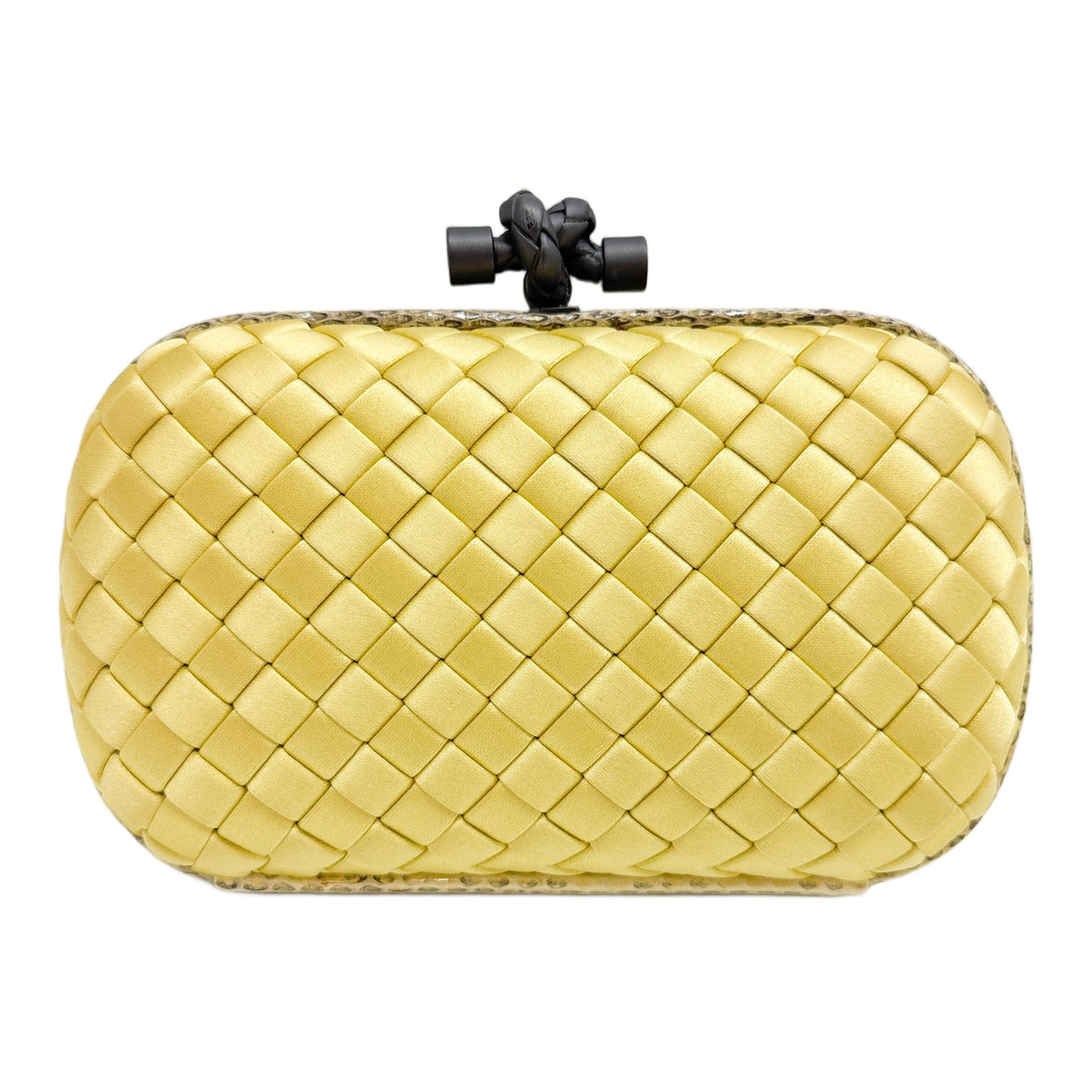 Knot Python Embossed Leather Trim Intrecciato Yellow Satin Clutch Bag