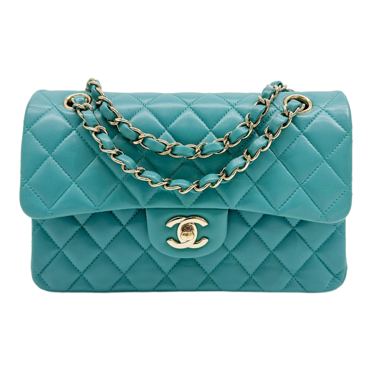 Classic Double Flap Turquoise Green Calfskin Chain Shoulder Bag