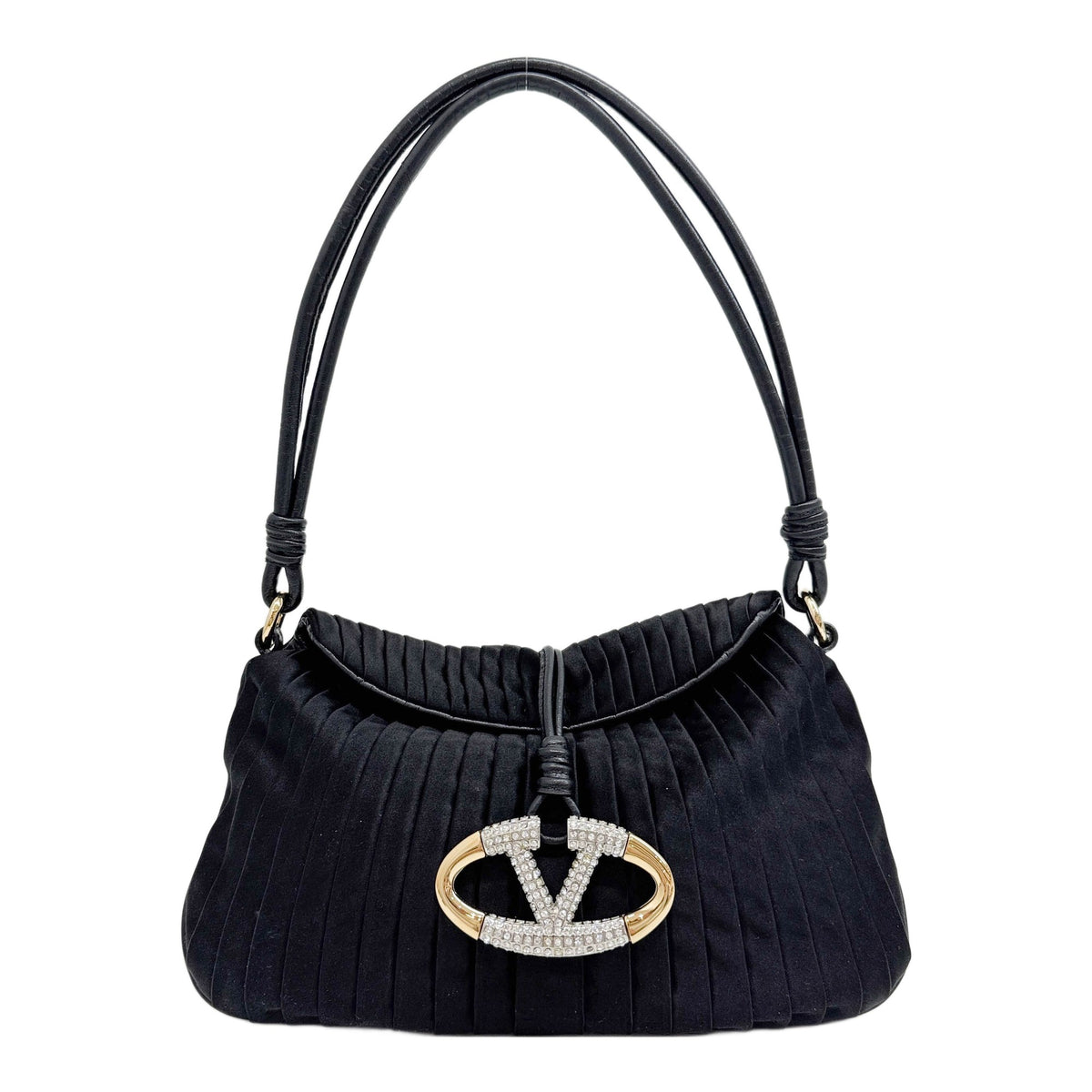 Rhinestone V-Logo Black Pleated Satin Shoulder Bag