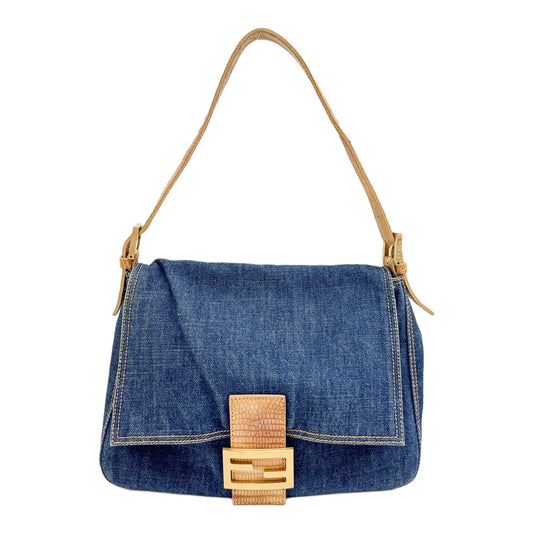 Mamma Baguette Lizard Embossed Leather Trim Blue Denim Shoulder Bag