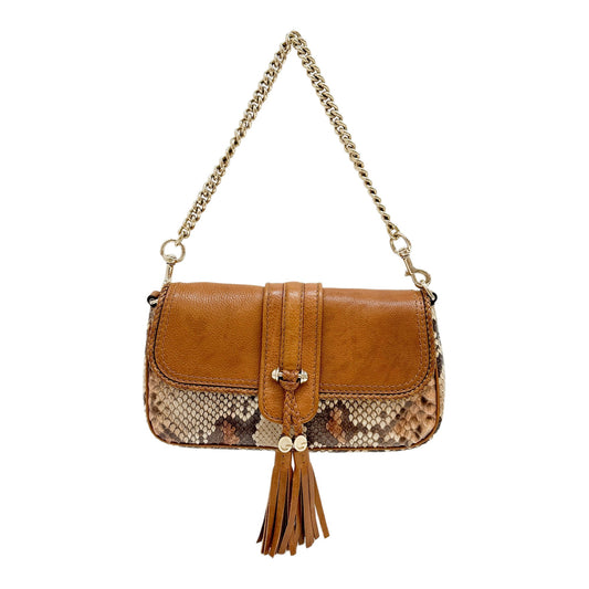 Marrakech Brown Python Embossed Leather Shoulder Bag with Tassel Accents