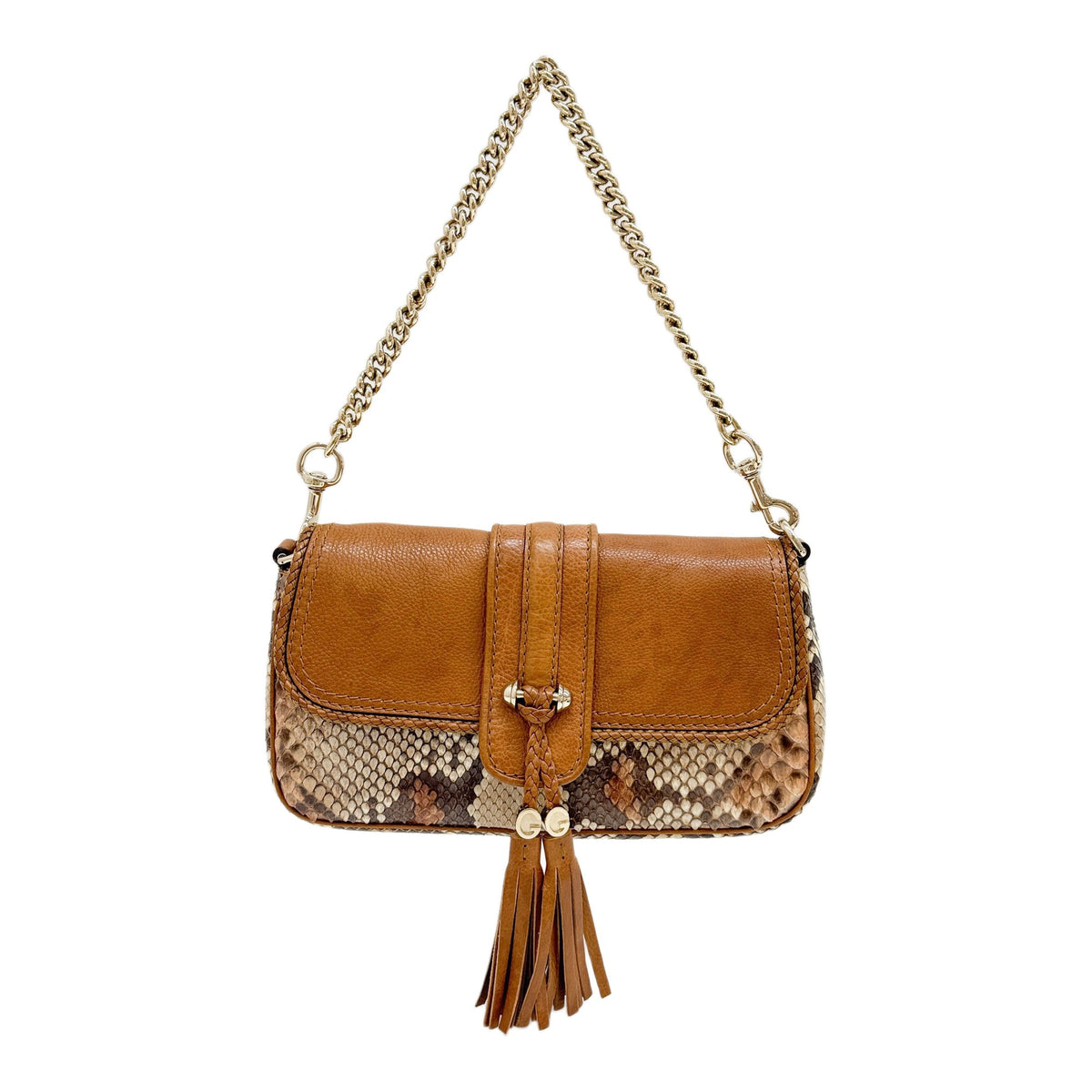 Marrakech Brown Python Embossed Leather Shoulder Bag with Tassel Accents