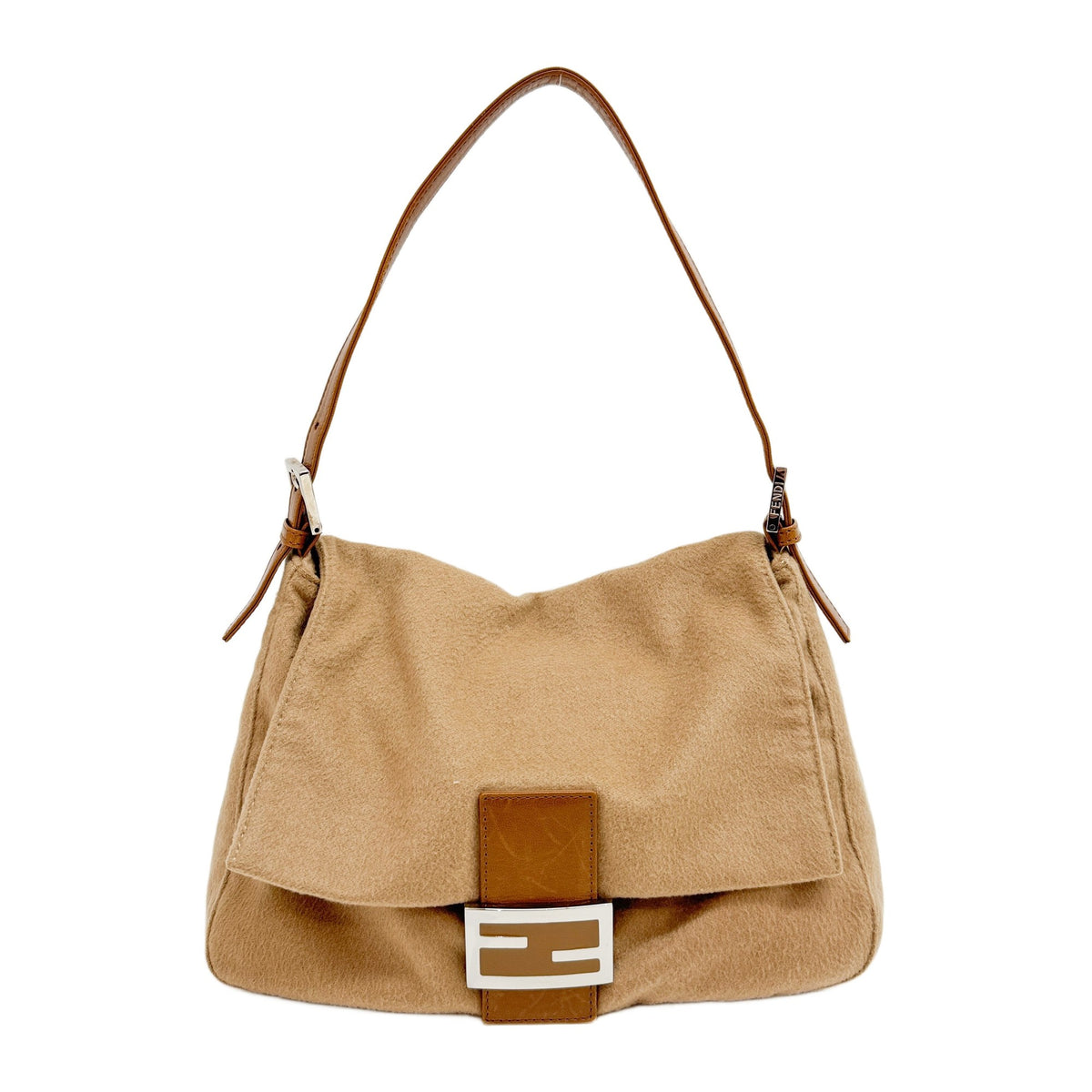 Mamma Baguette Light Brown Cashmere Wool Shoulder Bag with Leather Trim