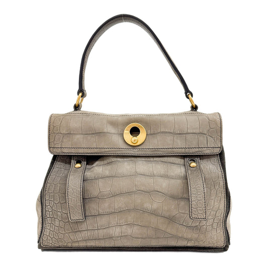 Muse 2 Elephant Grey Crocodile Embossed Nubuck Leather Shoulder Bag
