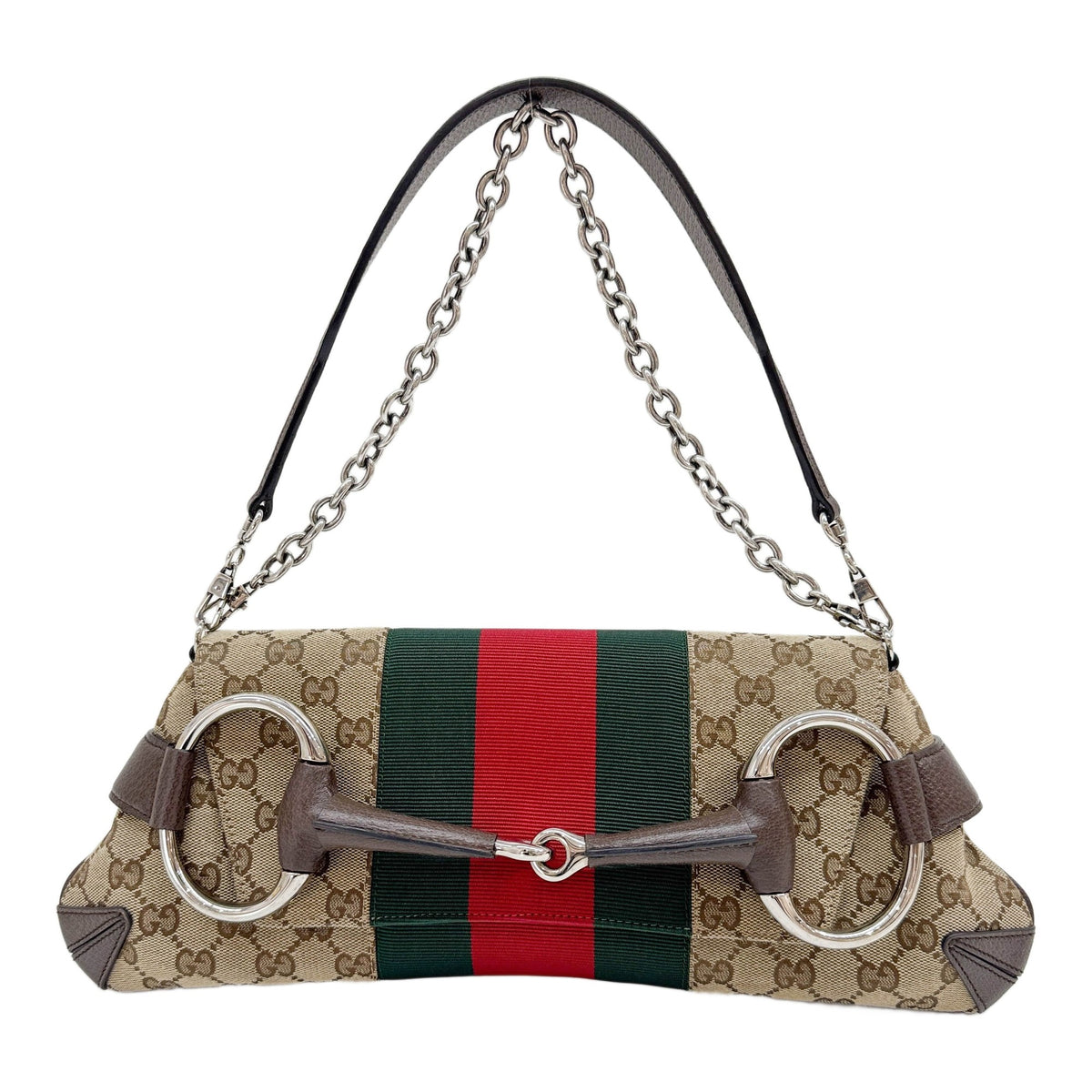 Horsebit Chain Brown GG Canvas Shoulder Bag with Web Stripe