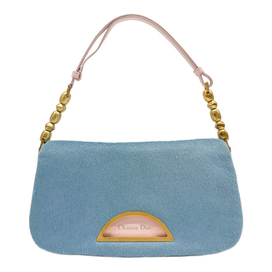 Malice Pearl Blue Pony Hair and Python Embossed Leather Shoulder Bag with Pink Accents