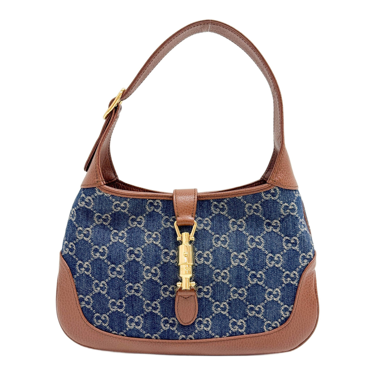 Small Jackie 1961 Blue GG Denim Shoulder Bag with Brown Leather Trim