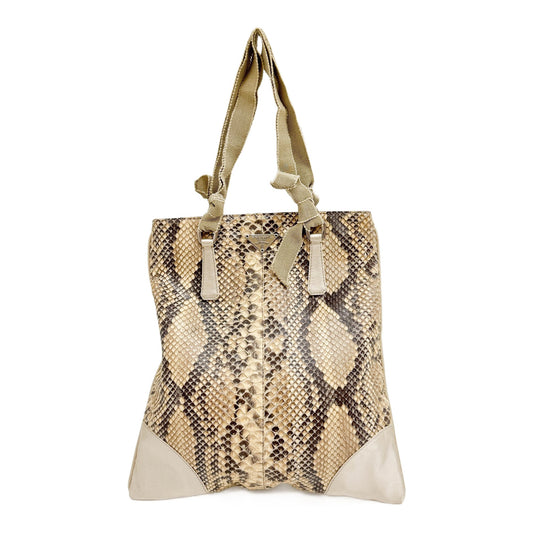 Light Brown Python Embossed Leather Hand Bag with Satin Trim