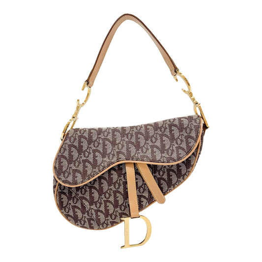 Saddle Brown Trotter Canvas Shoulder Bag with Beige Leather Trim and Gold Hardware