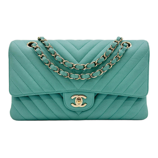 Classic Double Flap 2019 Chevron Tiffany Blue Leather Shoulder Bag